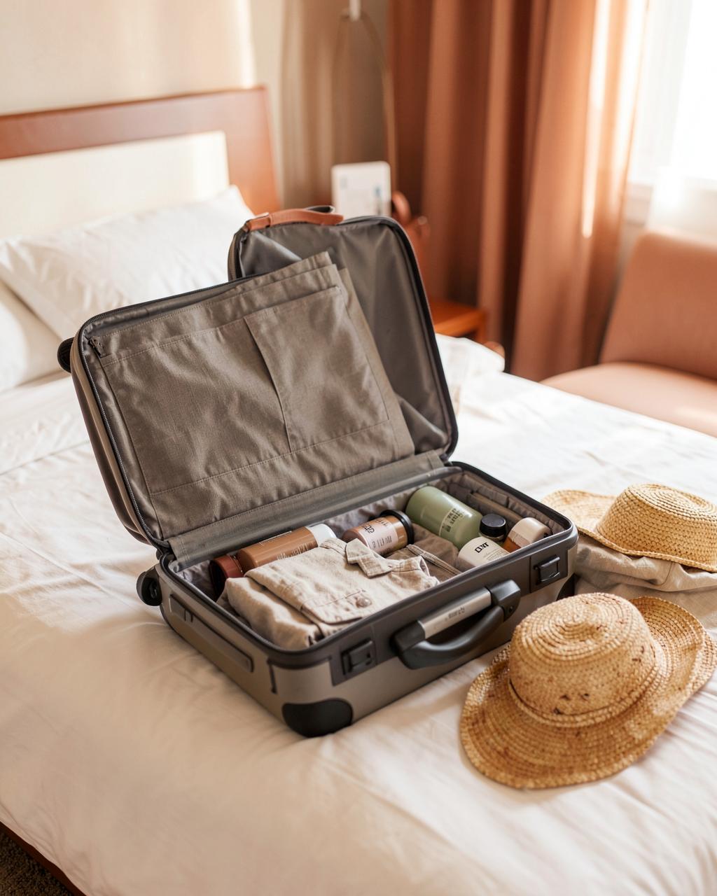 Open suitcase on a hotel bed with travel-size products