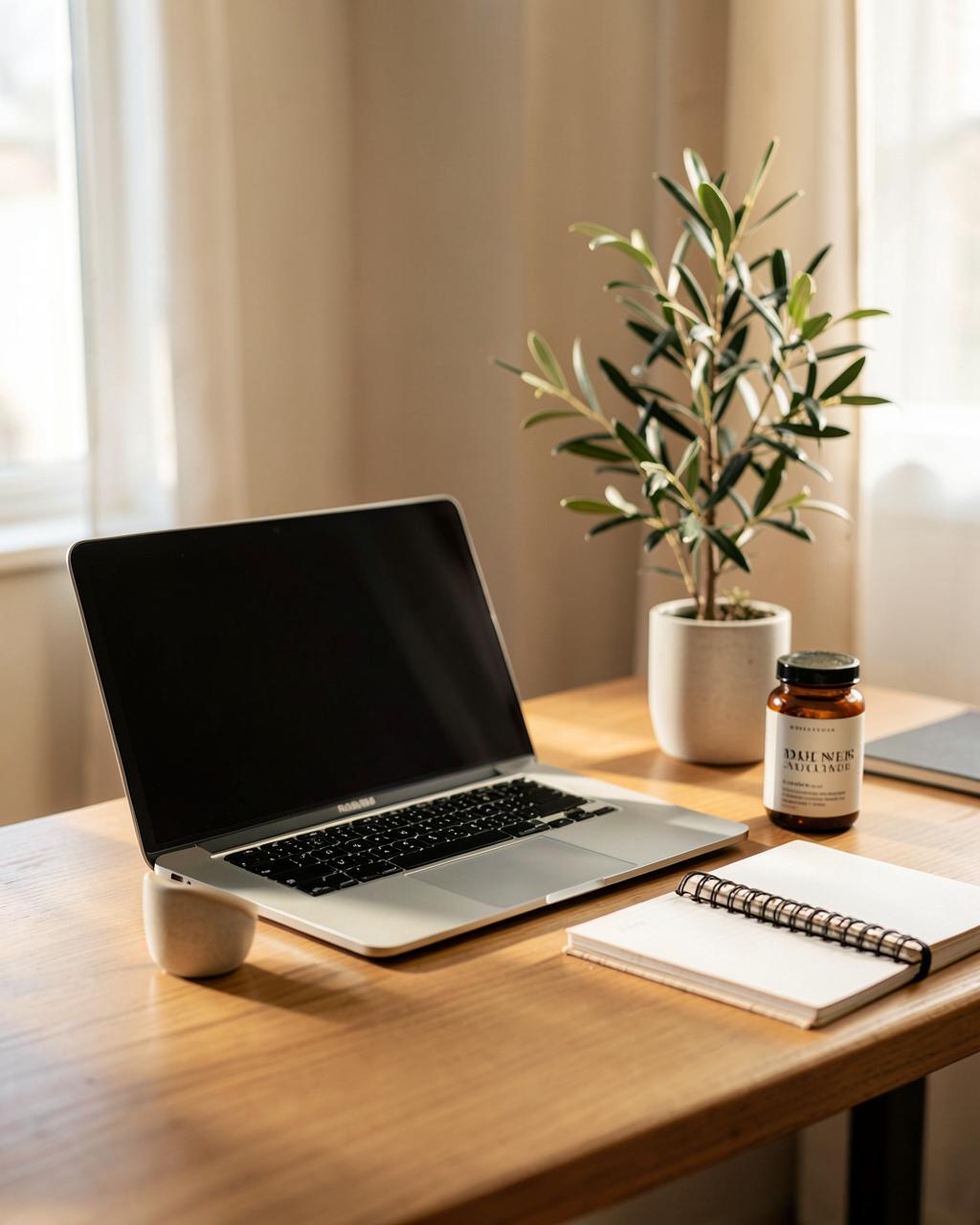 Calm home office desk with laptop, mug, and a supplement bottle